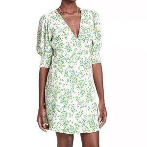 Rixo Green Floral V-Neck Mini Dress